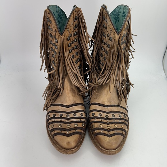 Corral Boots Womens Size 10 Tan Fringe Studded Western Cowgirl Zip Boho Ankle - Picture 2 of 16